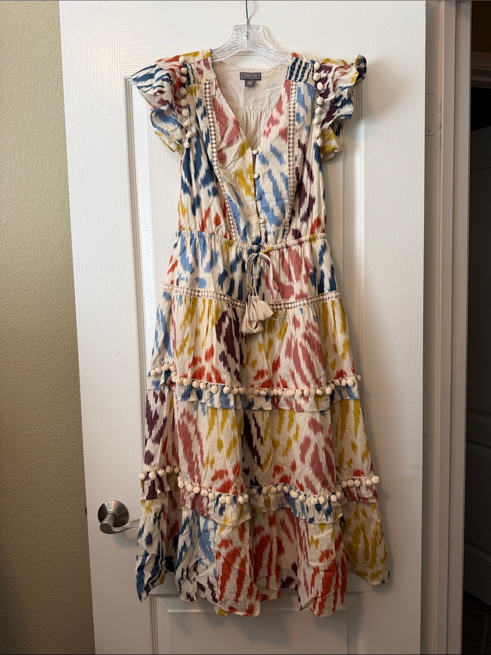 Jcrew Point Sur Boho Tiered Tassel Maxi Dress with Multicolor Ikat Print